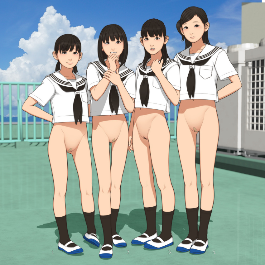 4girls arms_behind_back bandaid bandaid_on_pussy black_eyes black_hair black_neckerchief black_socks blue_sky bottomless crop_top day female_pubic_hair full_body groin highres legs looking_at_viewer medium_hair multiple_girls navel neckerchief one_side_up open_mouth original parted_lips pubic_hair pussy railing rooftop sailor_collar school_uniform serafuku shadow shinchou_ni_kansuru_kousatsu shoes short_twintails sky smile socks standing twintails white_sailor_collar