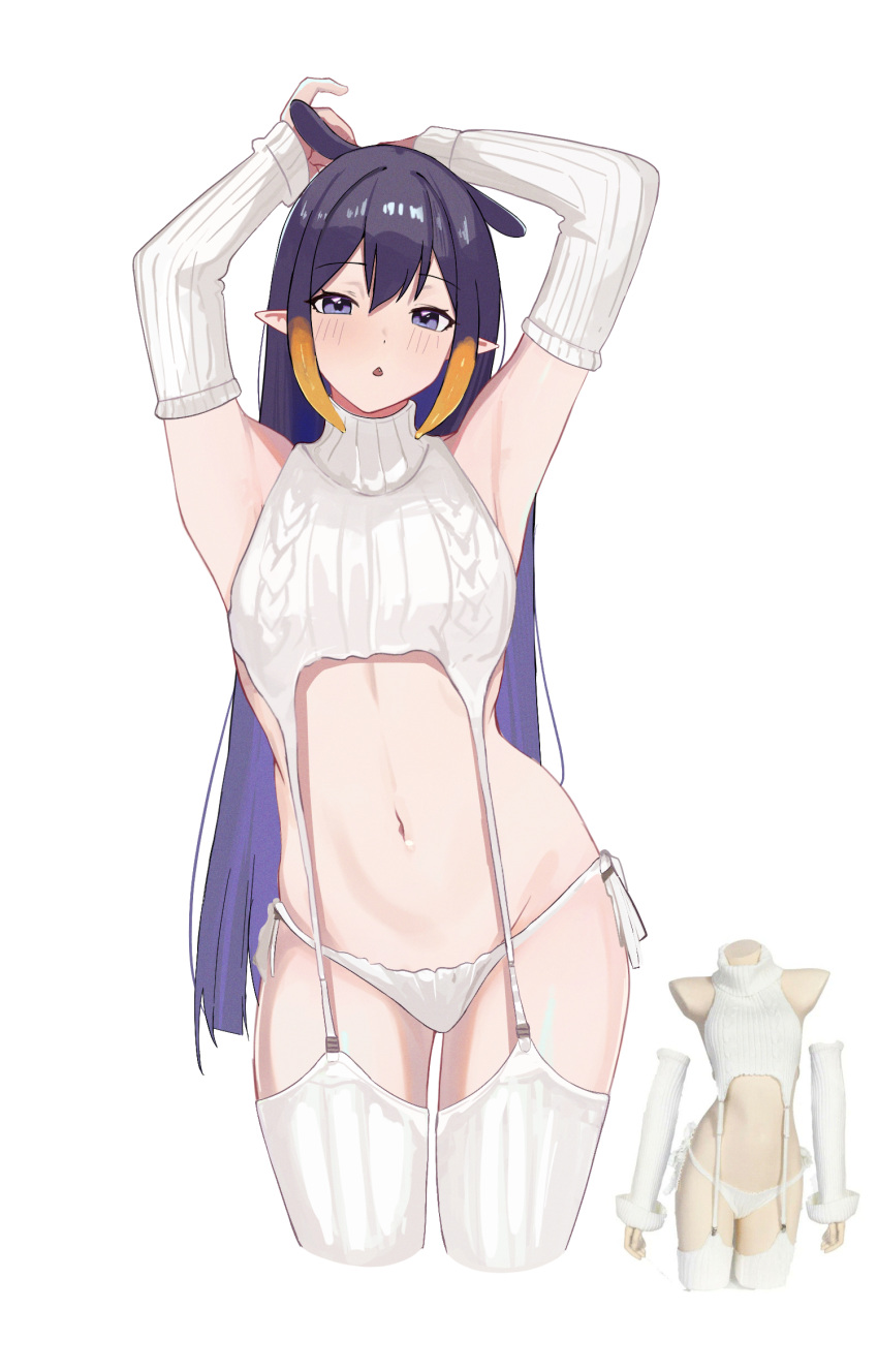 1girl alternate_costume armpits arms_up bare_shoulders blue_eyes breasts chestnut_mouth cropped_legs detached_sleeves fang garter_straps gradient_hair highres hololive hololive_english ku_roiko long_hair looking_at_viewer meme_attire multicolored_hair navel ninomae_ina'nis open_mouth orange_hair panties photo_inset pointy_ears purple_hair ribbed_legwear ribbed_panties ribbed_sleeves ribbed_sweater ribbed_thighhighs side-tie_panties sidelocks simple_background sleeveless sleeveless_sweater sleeveless_turtleneck small_breasts solo stomach sweater tentacle_hair turtleneck turtleneck_sweater underwear virgin_destroyer_sweater virtual_youtuber white_background white_garter_straps white_panties white_sweater