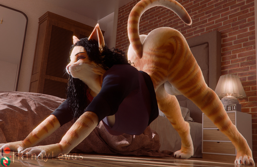 3d_(artwork) anthro areola ass_up balls bed biped bottomless breasts clothed clothing digital_media_(artwork) domestic_cat eyes_closed felid feline felis fur furniture genitals gynomorph hi_res intersex mammal nipples rinny solo striped_body striped_fur stripes whiskers