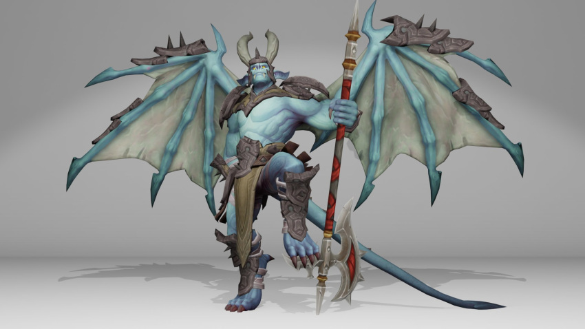 16:9 3d_(artwork) blender_(software) blender_eevee blizzard_entertainment boraluswilly digital_media_(artwork) general_draven hi_res humanoid male muscular muscular_male peeking_penis pose simple_background solo solo_focus spread_wings stoneborn warcraft weapon white_background widescreen wings