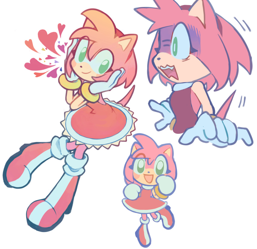 1girl amy_rose blush dress furry furry_female gloves green_eyes hairband heart hedgehog_girl highres mangohcake multiple_views pink_fur red_dress red_footwear red_hairband scared simple_background smile sonic_(series) white_background white_gloves