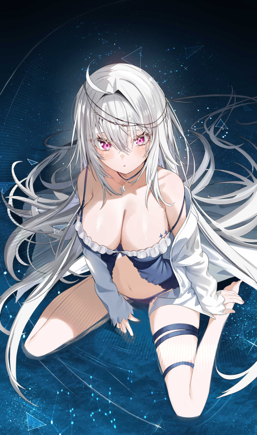 1girl barefoot blue_panties breasts cleavage collarbone commentary_request from_above full_body grey_hair hair_between_eyes hair_intakes highres kamioka_shun'ya large_breasts long_sleeves looking_at_viewer looking_up off_shoulder open_clothes open_shirt original panties parted_lips purple_eyes shirt sitting sleeves_past_wrists solo underwear wariza white_shirt