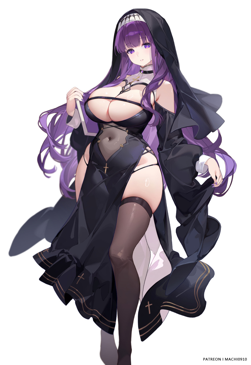 1girl black_dress book breasts covered_navel cross dress feet_out_of_frame fern_(sousou_no_frieren) habit highres holding holding_book large_breasts long_hair looking_at_viewer machi_(7769) nun parted_lips pelvic_curtain purple_eyes purple_hair purple_nails side_slit simple_background skindentation solo sousou_no_frieren thighhighs thighs very_long_hair white_background