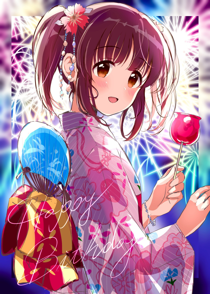 1girl aerial_fireworks animal_print blush bracelet breasts brown_eyes brown_hair candy_apple fireworks floral_print flower food from_side hair_flower hair_ornament hand_fan hands_up happy_birthday highres holding holding_food idolmaster idolmaster_cinderella_girls idolmaster_cinderella_girls_starlight_stage japanese_clothes jewelry kimono long_hair long_sleeves looking_at_viewer obi ogata_chieri open_mouth paper_fan pink_kimono potesara888 print_kimono rabbit_print red_flower sash sidelocks small_breasts smile solo twintails uchiwa upper_body wide_sleeves zoom_layer