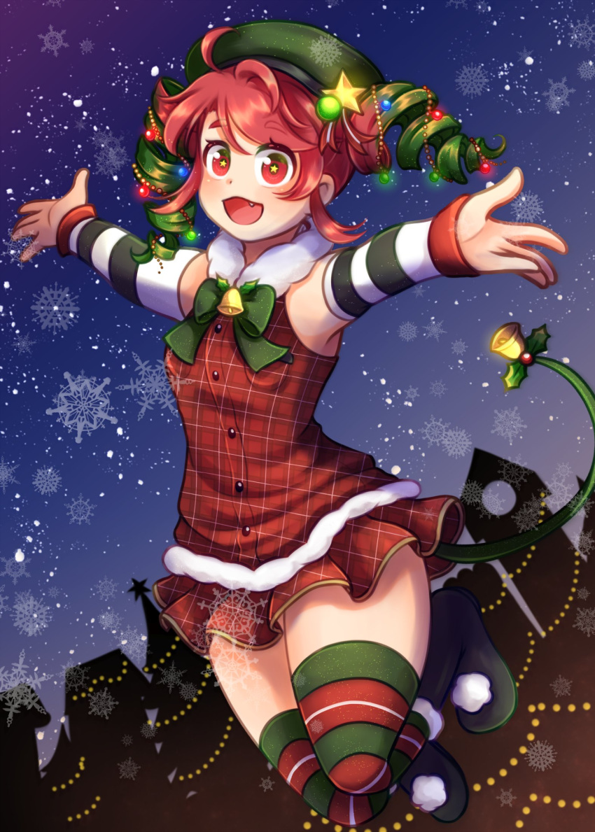 1girl :3 bell beret blush bow chanpotei christmas christmas_lights commentary detached_sleeves dress drill_hair english_commentary fake_tail fang full_body fur_collar gradient_hair green_hair hat hat_ornament highres jingle_bell jumping kasane_teto looking_at_viewer multicolored_hair night night_sky open_mouth outstretched_arms pink_hair plaid plaid_dress pom_pom_(clothes) red_eyes short_dress sky sleeveless sleeveless_dress smile snowflakes solo star_(sky) star_(symbol) star_hat_ornament starry_sky striped striped_thighhighs tail tail_bell tail_ornament thighhighs twin_drills utau