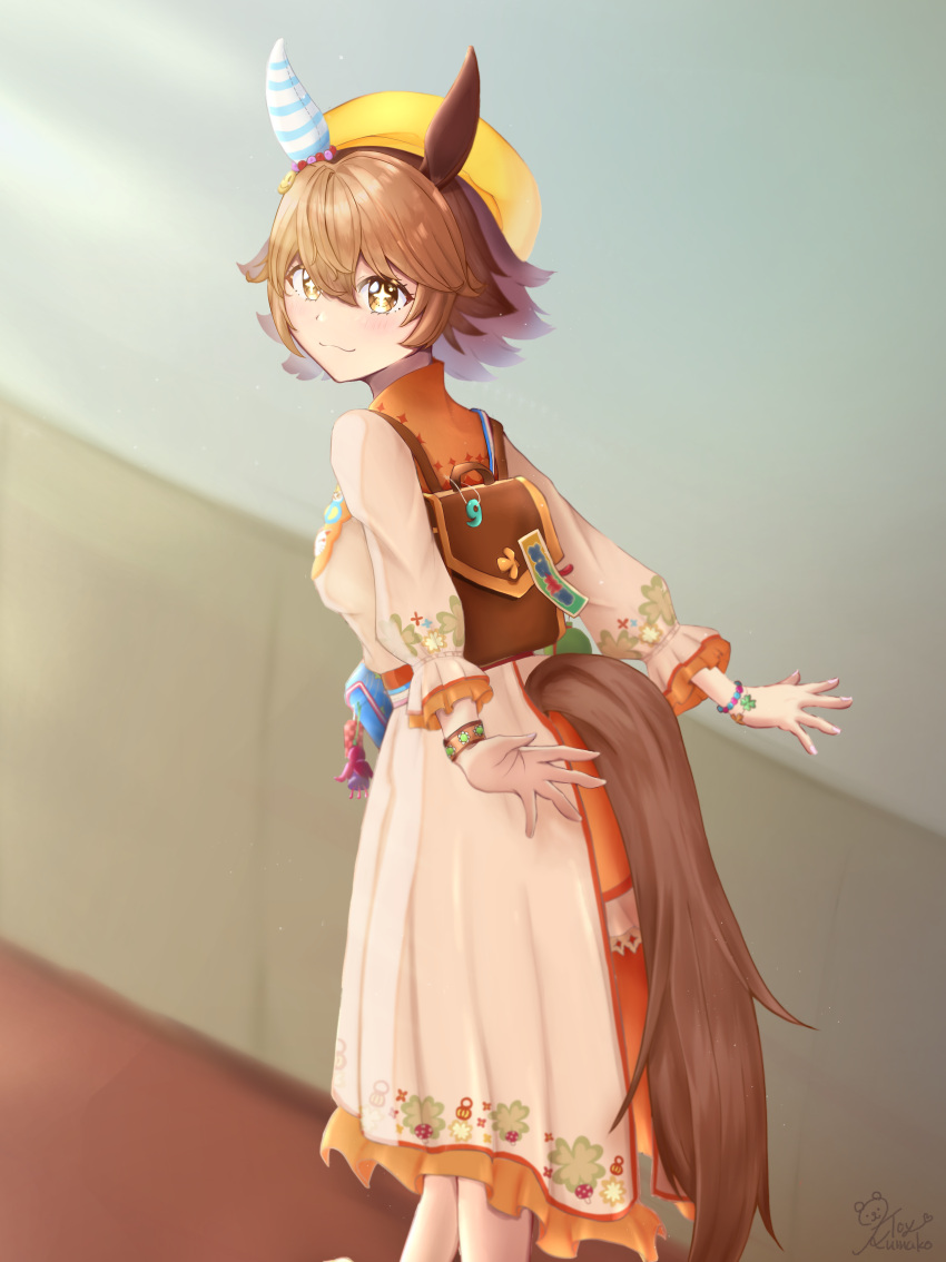 +_+ 1girl absurdres animal_ears artist_name backpack bag brown_bag brown_hair charm_(object) closed_mouth commentary_request dress ear_covers ear_ornament flipped_hair frilled_dress frills hair_between_eyes highres horse_ears kumakotoy long_sleeves looking_at_viewer looking_back matikanefukukitaru_(good_omen_first_storm)_(umamusume) matikanefukukitaru_(umamusume) official_alternate_costume orange_dress orange_headwear outdoors signature single_ear_cover smile solo tail tail_through_clothes umamusume yellow_eyes