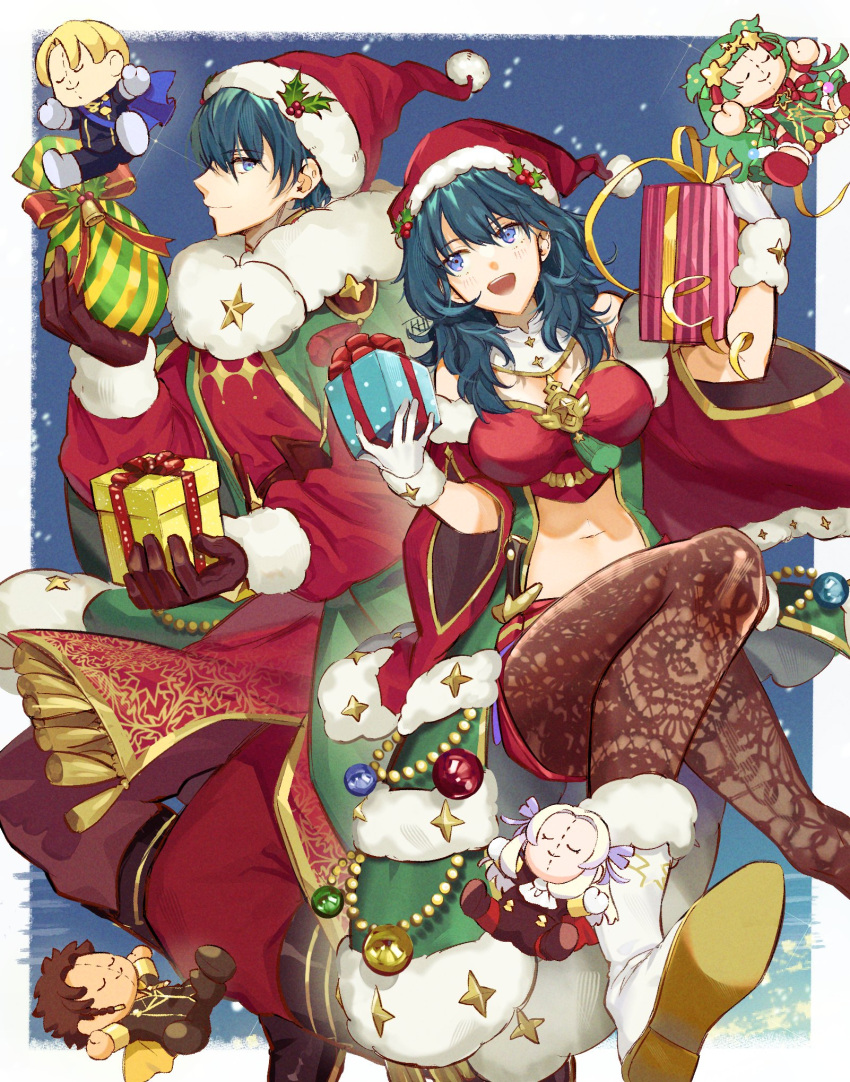 1boy 1girl black_gloves blue_eyes blue_hair breasts brooch byleth_(female)_(fire_emblem) byleth_(female)_(frosty_professor)_(fire_emblem) byleth_(fire_emblem) byleth_(male)_(fire_emblem) byleth_(male)_(frosty_professor)_(fire_emblem) character_doll claude_von_riegan dimitri_alexandre_blaiddyd edelgard_von_hresvelg fire_emblem fire_emblem:_three_houses fire_emblem_heroes gift gloves hat highres jewelry kh_(tanakananataka) medium_breasts midriff mistletoe navel official_alternate_costume open_mouth pantyhose santa_hat smile sothis_(fire_emblem) sothis_(winter)_(fire_emblem) white_gloves