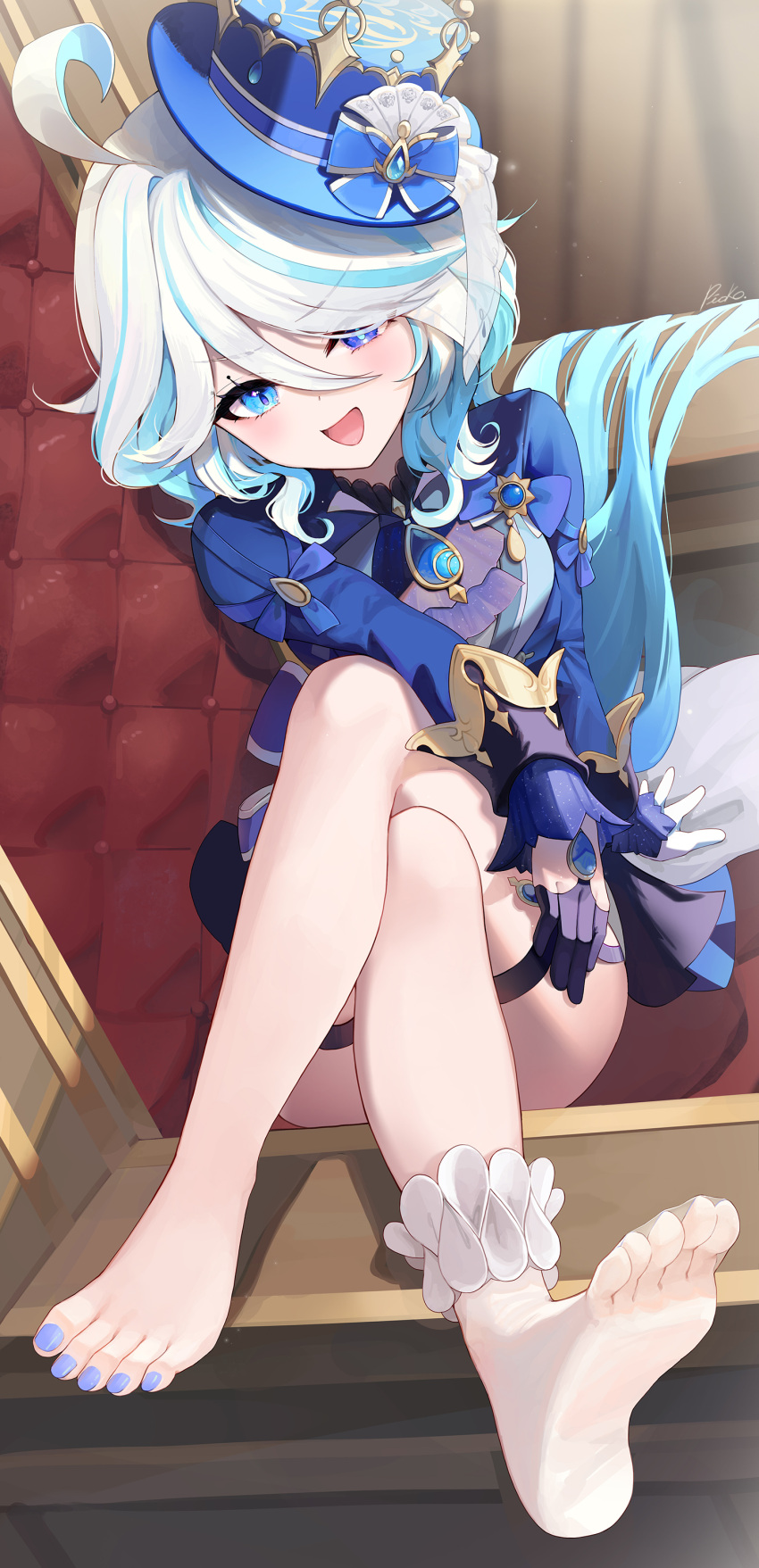1girl :d absurdres bare_legs barefoot blue_eyes blue_hair blue_headwear blue_nails blue_pupils bobby_socks breasts commentary_request crossed_legs drop-shaped_pupils feet furina_(genshin_impact) genshin_impact hair_between_eyes hat heterochromia highres knees_up legs long_sleeves medium_breasts mismatched_pupils multicolored_hair nail_polish open_mouth pistachiocream purple_eyes purple_pupils short_hair sideways_hat single_barefoot single_sock sitting smile socks soles solo streaked_hair toenail_polish toenails toes top_hat white_hair white_socks