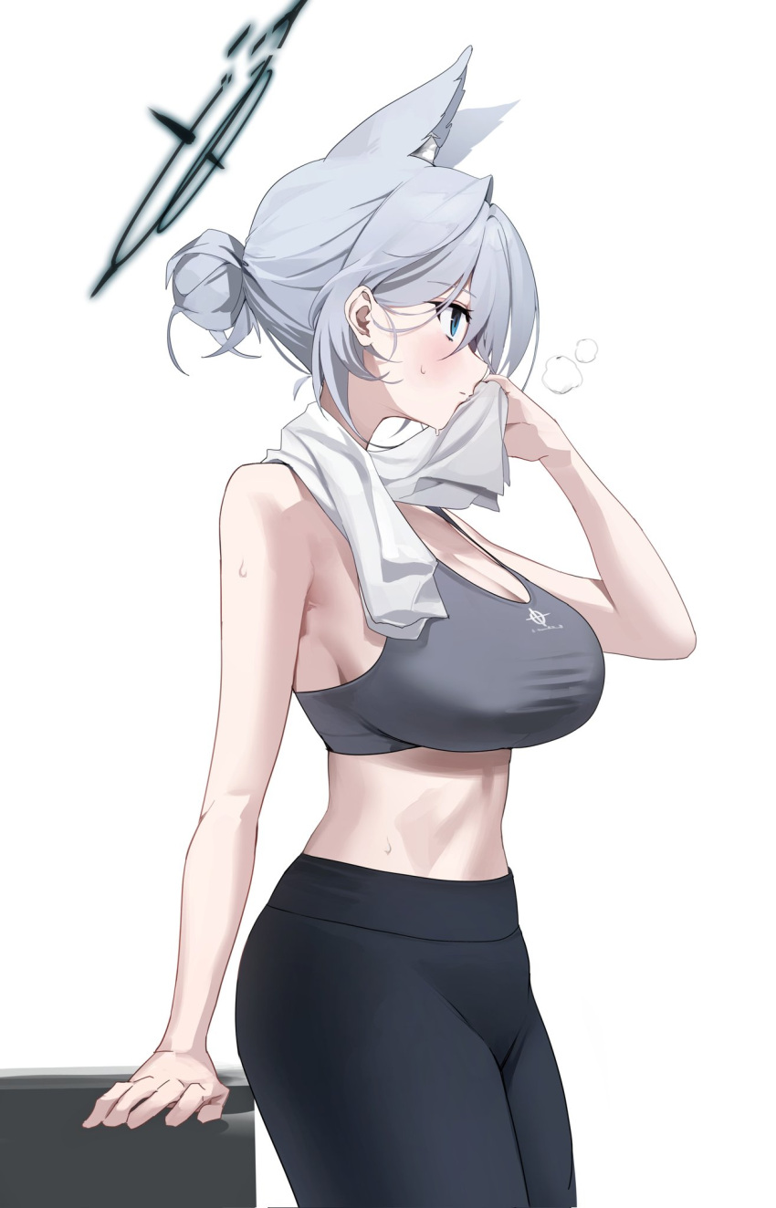 1girl alternate_costume animal_ear_fluff animal_ears arm_support armpits bare_arms bare_shoulders black_halo black_pants blue_archive blue_eyes breasts broken_halo cleavage cowboy_shot extra_ears from_side grey_hair grey_sports_bra hair_bun halo highres large_breasts leaning_on_table looking_ahead midriff nagul pants shiroko_(blue_archive) shiroko_terror_(blue_archive) sideways_mouth simple_background solo sports_bra sweat towel towel_around_neck white_background white_towel wiping_sweat wolf_ears yoga_pants