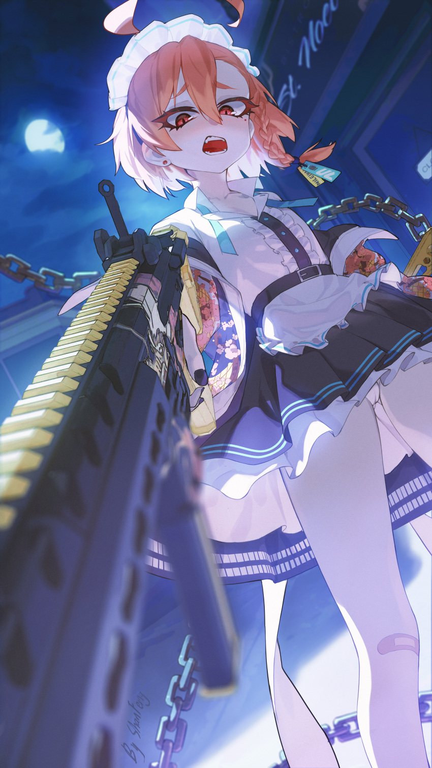 1girl absurdres ahoge apron bandaid bandaid_on_knee bandaid_on_leg blue_archive braid buttons center_frills chain frilled_apron frills gun highres holding holding_gun holding_weapon huge_ahoge jacket long_hair long_sleeves looking_at_viewer maid maid_apron maid_headdress mole mole_under_eye neru_(blue_archive) night open_clothes open_jacket open_mouth orange_hair ouer_moyu outdoors red_eyes signature single_braid solo sukajan weapon white_apron