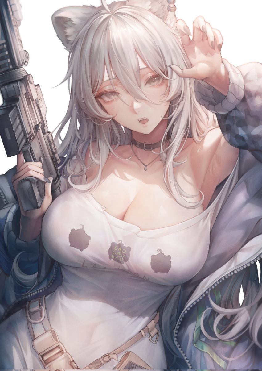 1girl animal_ears assault_rifle black_choker breasts choker claw_pose cleavage ear_piercing fangs grey_eyes grey_hair gun hair_between_eyes hama_guri highres holding holding_gun holding_weapon hololive jacket large_breasts lion_ears lion_girl long_hair looking_at_viewer official_alternate_costume official_alternate_hairstyle open_clothes open_jacket open_mouth piercing rifle shirt shishiro_botan shishiro_botan_(4th_costume) simple_background solo virtual_youtuber weapon white_background white_shirt