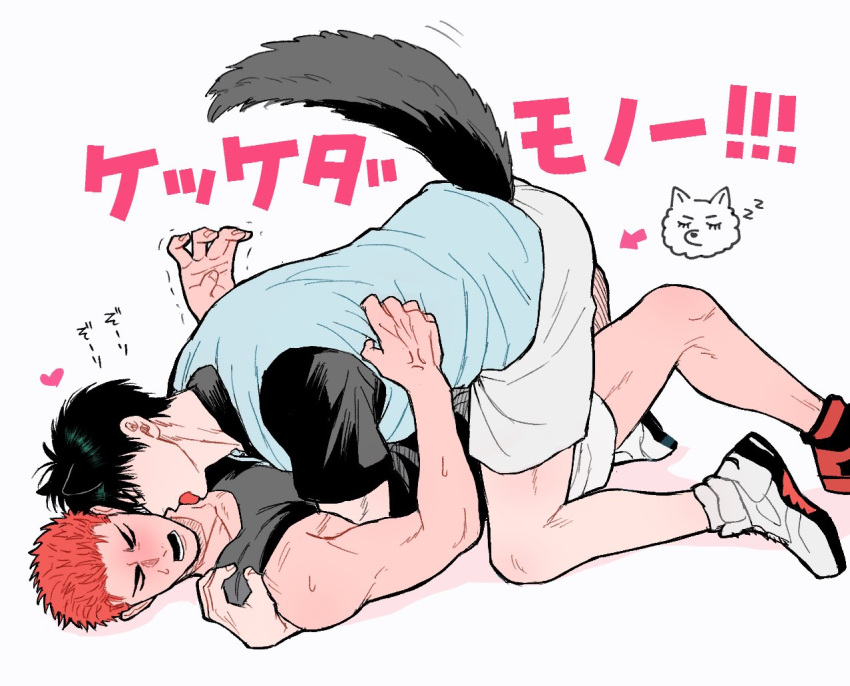 2boys animal_ears black_hair black_shirt black_tank_top blue_tank_top blush boy_on_top buzz_cut closed_eyes clothes_grab couple foot_out_of_frame fox fox_boy fox_ears fox_tail full_body gorii grey_shorts hand_on_another's_shoulder heart kemonomimi_mode layered_clothes licking licking_neck lying male_focus multiple_boys on_back on_ground open_mouth red_hair rukawa_kaede sakuragi_hanamichi shadow shirt shoes short_hair shorts simple_background slam_dunk_(series) sneakers sweat tail tail_wagging tank_top toned toned_male translated trembling very_short_hair white_background yaoi zzz