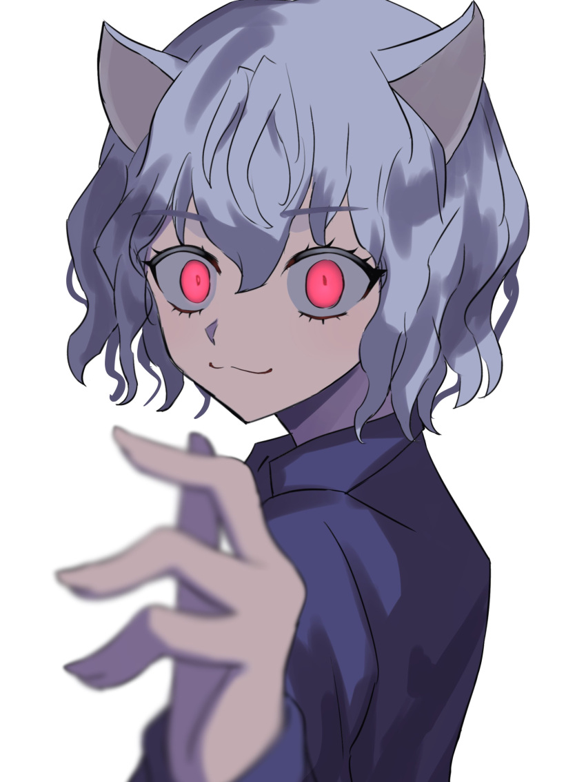 1other :3 absurdres animal_ears blue_hair cat_ears closed_mouth hair_between_eyes highres hunter_x_hunter looking_at_viewer neferpitou red_eyes short_hair simple_background solo tsukuno_tsuki upper_body white_background