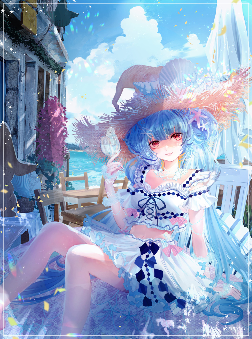 1girl absurdres blue_hair crop_top cup day drink frilled_shirt frills gloves hair_ornament hair_rings hairclip hat hat_ornament highres holding holding_cup holding_drink komorihikki lace lace_gloves long_hair navel original outdoors parted_lips petals plant red_eyes seashell shell shirt short_sleeves sitting skirt sky smile solo starfish starfish_hair_ornament straw_hat two_side_up very_long_hair witch_hat