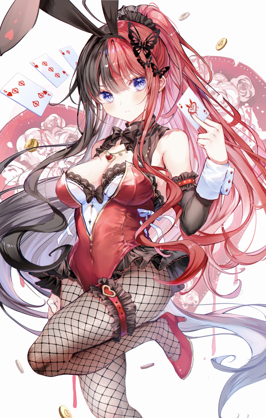 1girl absurdres animal_ears black_hair blue_eyes blush breasts butterfly_hair_ornament card cleavage coin detached_sleeves fake_animal_ears fishnet_pantyhose fishnets garter_straps hair_between_eyes hair_ornament high_heels highres holding holding_card leg_up leotard looking_at_viewer medium_breasts multicolored_hair noyu_(noyu23386566) original pantyhose playboy_bunny playing_card red_footwear red_hair red_leotard revision sidelocks solo two-tone_hair wrist_cuffs