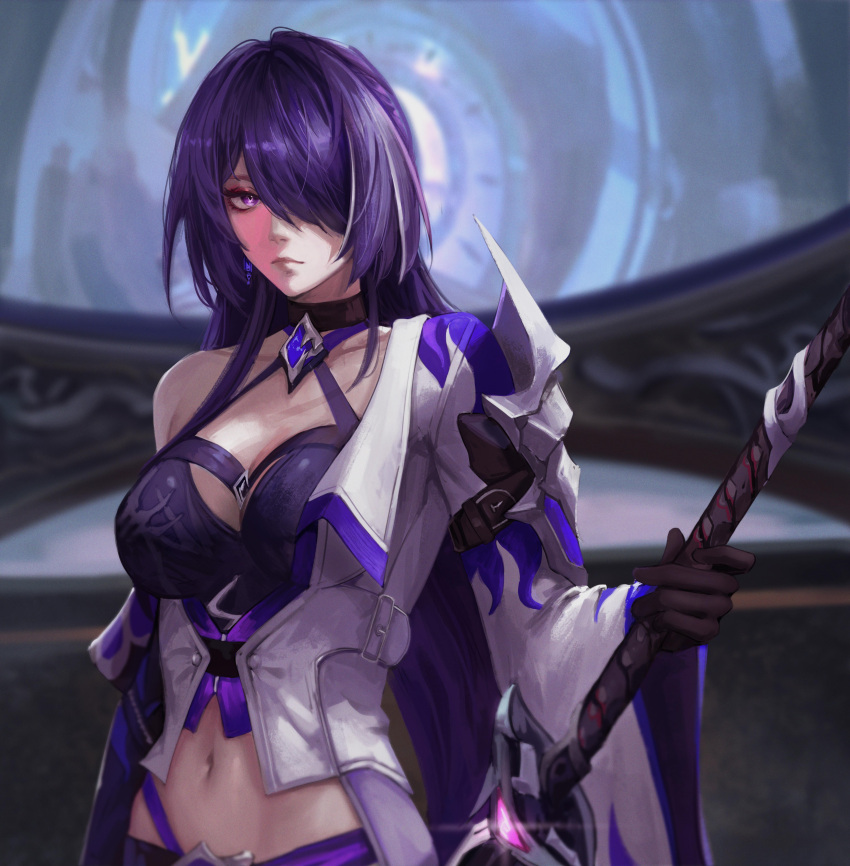 1girl absurdres acheron_(honkai:_star_rail) breasts cleavage closed_mouth commentary detached_sleeves hair_over_one_eye highres holding holding_sword holding_weapon honkai:_star_rail honkai_(series) long_hair looking_at_viewer luxearte midriff navel purple_eyes purple_hair single_bare_shoulder single_detached_sleeve sword very_long_hair weapon