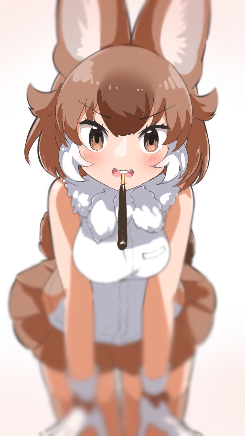 1girl absurdres animal_ears bare_shoulders blush bow brown_hair dhole_(kemono_friends) dog_ears dog_girl dog_tail extra_ears facing_viewer food food_in_mouth gloves highres holding holding_food holding_pocky incoming_kiss incoming_pocky_kiss iwa_(iwafish) kemono_friends kemono_friends_3 looking_at_viewer mouth_hold multicolored_hair open_mouth pocky pocky_in_mouth pov shirt short_hair skirt sleeveless solo tail two-tone_hair white_hair