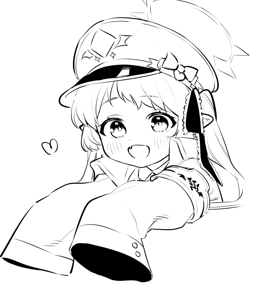 1girl absurdres armband blanchat blue_archive bow cropped_torso greyscale hat hat_bow highres ibuki_(blue_archive) jacket lineart looking_at_viewer military_jacket monochrome open_mouth oversized_clothes peaked_cap pointy_ears side_ponytail simple_background smile solo upper_body white_background