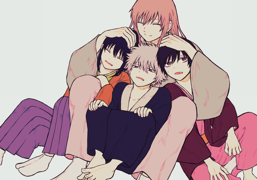 4boys ^_^ alternate_eye_color black_hair blue_eyes brown_hair child closed_eyes gintama group_hug hand_on_another's_head hug japanese_clothes katsura_kotarou kimono long_hair male_focus multiple_boys muted_color ohi_bis open_mouth ponytail red_eyes sakata_gintoki short_hair simple_background smile takasugi_shinsuke white_background white_hair wide_sleeves yoshida_shouyou