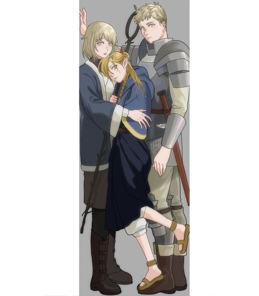 1boy 2girls :o absurdres against_wall arm_at_side armor belt black_pants blonde_hair blue_capelet blue_jacket blue_robe boots boy_and_girl_sandwich braid brother_and_sister brown_footwear brown_shorts capelet chainmail closed_mouth dungeon_meshi elf falin_thorden french_braid from_side frown gorget green_eyes grey_background hair_over_eyes hand_on_wall hand_up head_on_chest head_rest height_difference highres holding holding_staff hood hood_down hooded_capelet hug jacket knee_guards laios_thorden long_hair long_sleeves looking_at_viewer looking_to_the_side marcille_donato multiple_girls negative_space one_eye_covered open_mouth outstretched_arm pants pants_under_shorts parted_bangs pauldrons plate_armor pointy_ears robe sandals sandwiched short_hair shorts shoulder_armor siblings side_braid sprout staff standing standing_on_one_leg stepped_on sweat sword vambraces weapon white_pants wide_sleeves winged_sword xiiiiiiiii yellow_eyes yellow_footwear