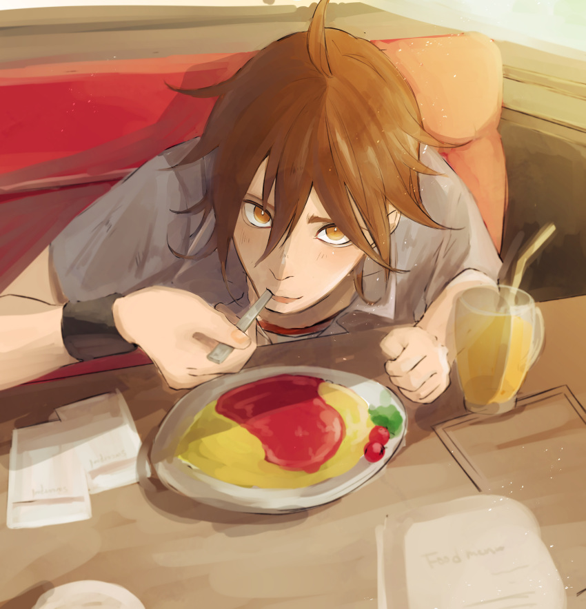 1boy absurdres ahoge blush collared_shirt diner drink drinking_straw eating food fork hair_between_eyes highres holding holding_fork leaning_forward light_particles light_rays looking_at_viewer looking_up male_focus mita_makoto omelet omurice shirt short_hair sketch solo sunset sweet_pool table tomikko upper_body utensil_in_mouth yellow_eyes