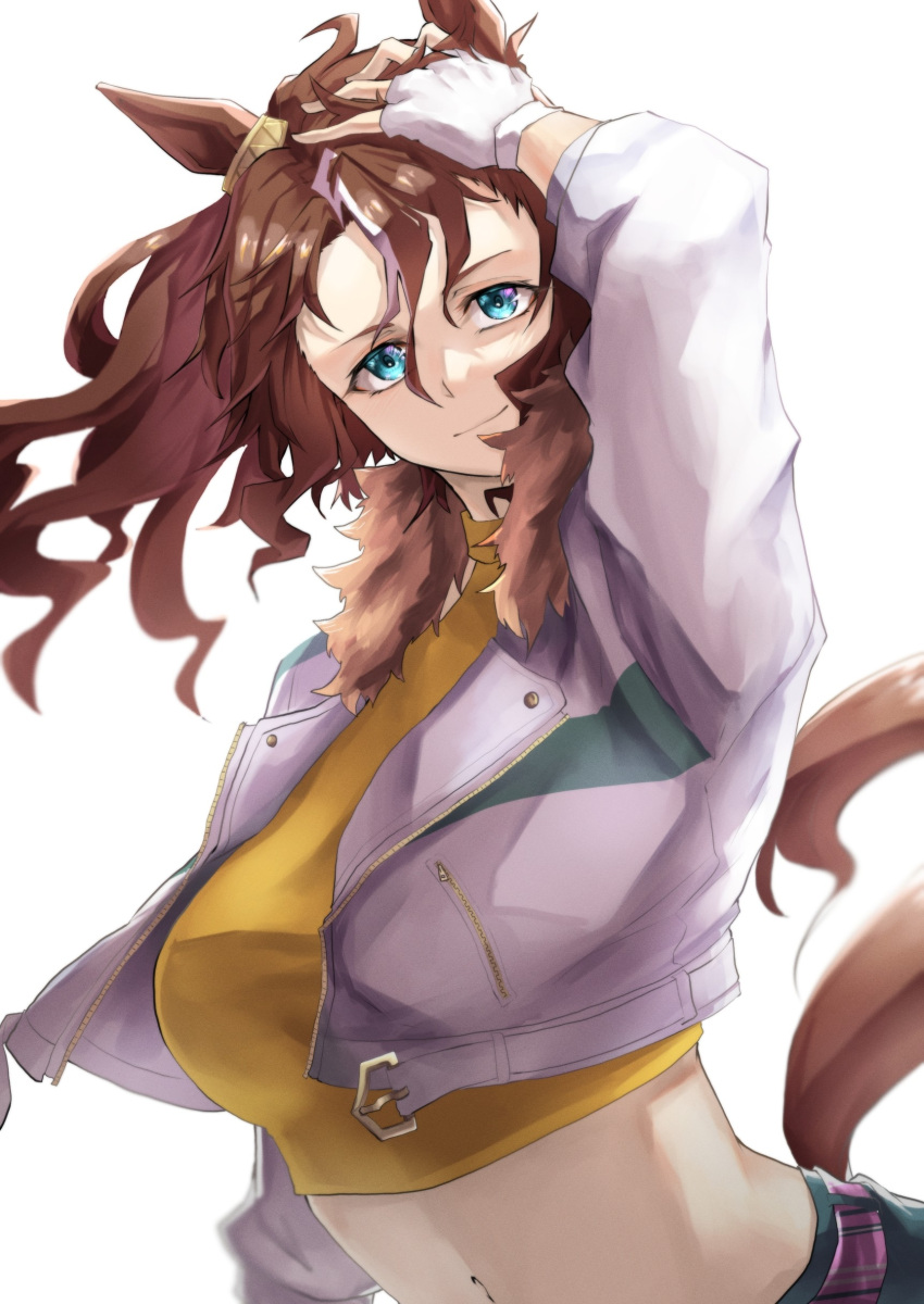1girl absurdres animal_ears arm_up blue_eyes breasts brown_hair commentary_request cowboy_shot crop_top cropped_jacket gradient_background grin hair_between_eyes highres horse_ears horse_girl jacket looking_at_viewer luna_(gkluna_mas) medium_breasts mejiro_palmer_(umamusume) midriff open_clothes open_jacket ponytail shirt short_hair simple_background smile solo standing stomach tail umamusume upper_body white_background white_jacket yellow_shirt