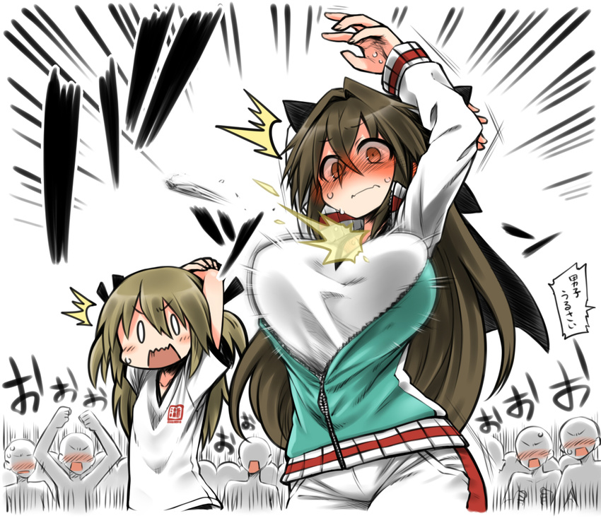 0_0 2girls arms_up blush bow breast_envy breasts brown_eyes brown_hair bursting_breasts buruma crowd full-face_blush gym_uniform hair_bow hair_intakes hair_ribbon inconvenient_breasts jacket kagami_ryouko kanayama_nao large_breasts long_hair multiple_girls open_clothes open_jacket open_mouth original popped_zipper ribbon stretch track_jacket track_suit translation_request twintails wardrobe_malfunction wavy_mouth yoshida_hideyuki