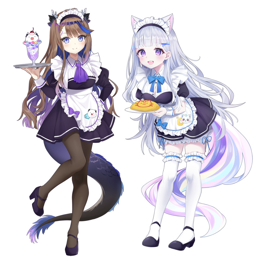 2girls :d airi_kanna alternate_costume animal_ear_fluff animal_ears apron ayatsuno_yuni black_dress black_footwear blue_bow blue_eyes blue_hair blush bow brown_hair brown_pantyhose chobi_(penguin_paradise) closed_mouth collared_dress commentary cup dragon_girl dragon_horns dragon_tail dress drinking_glass enmaided food frilled_apron frilled_thighhighs frills grey_hair hair_ornament hairclip highres holding holding_plate holding_tray horns juliet_sleeves leaning_forward long_hair long_sleeves looking_at_viewer maid maid_headdress multicolored_hair multiple_girls omelet omurice pantyhose plate pleated_dress puffy_short_sleeves puffy_sleeves purple_dress purple_eyes purple_footwear shoes short_sleeves smile standing standing_on_one_leg stellive symbol-only_commentary tail thighhighs tray two-tone_hair very_long_hair virtual_youtuber white_apron white_thighhighs