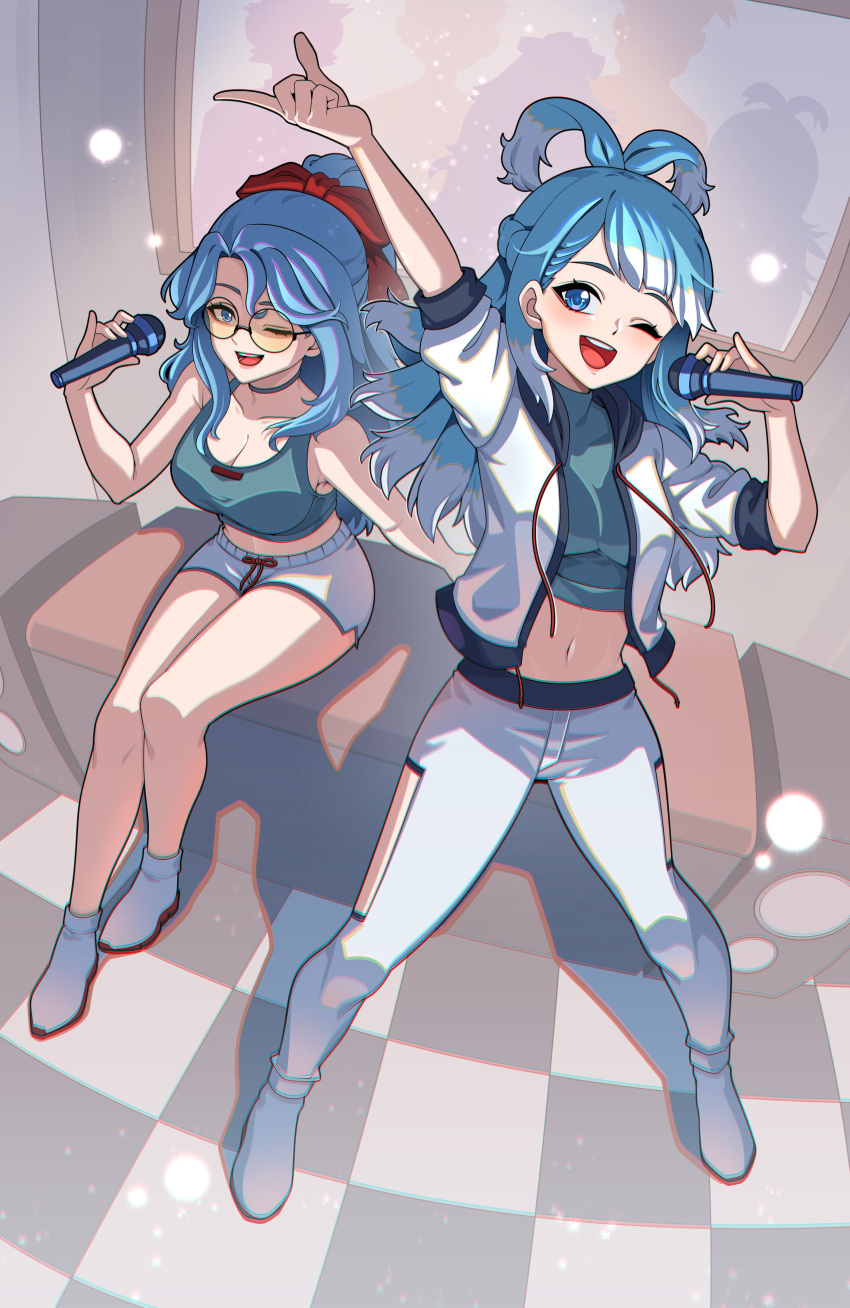 2girls absurdres alternate_costume anzailee arm_up blue_eyes blue_hair breasts choker cleavage crop_top english_commentary full_body glasses highres holding holding_microphone hololive hololive_indonesia hood hoodie karaoke kobo_kanaeru kobo_kanaeru's_mother long_hair microphone multicolored_hair multiple_girls music navel one_eye_closed open_clothes open_hoodie open_mouth pants ponytail round_eyewear shorts singing sitting standing tile_floor tiles two-tone_hair white_footwear white_hair white_pants white_shorts