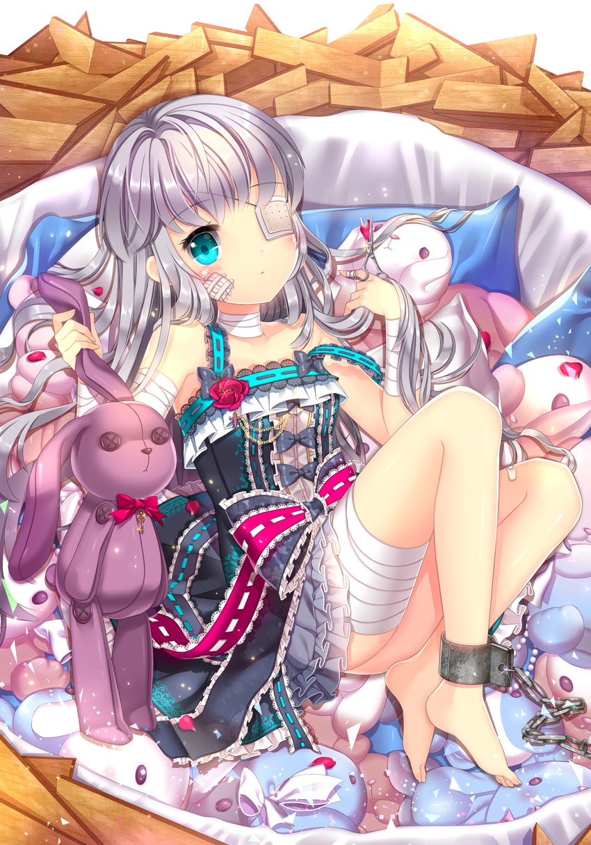 absurdres agrt bad_id bad_pixiv_id bandages bandaid bandaid_on_leg bare_shoulders barefoot blue_eyes blush chain child cuffs dress eyepatch flower frilled_dress frills highres iri_flina long_hair looking_at_viewer lying nest ribbon scissors shackles silver_hair solo stuffed_animal stuffed_bunny stuffed_toy sword_girls younger