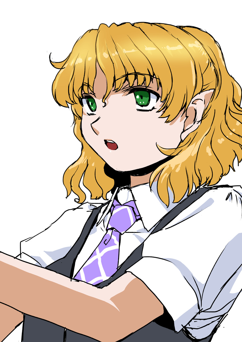 :o absurdres alternate_costume blonde_hair goton_goton green_eyes highres mizuhashi_parsee necktie pointy_ears shirt short_hair simple_background solo touhou vest white_background white_shirt