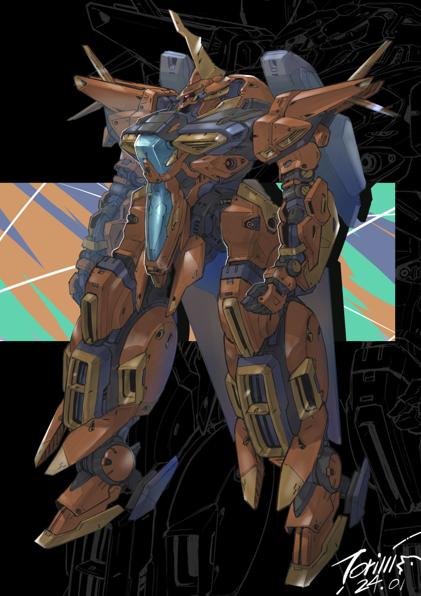 absurdres arms_at_sides bawoo clenched_hands dated full_body gundam gundam_zz highres mecha mobile_suit niao_san_shi no_humans one-eyed red_eyes redesign robot science_fiction signature solo standing