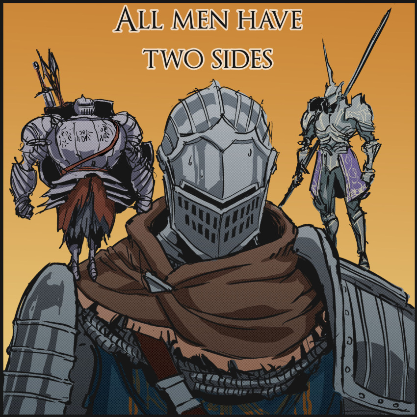 3boys armor breastplate dark_souls_(series) dark_souls_i english_text facing_viewer full_armor helm helmet highres holding holding_sword holding_weapon knight menaslg multiple_boys orange_background shoulder_plates simple_background sword weapon