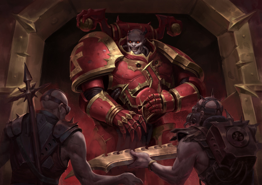 3boys adeptus_astartes andrei_modestov armor bald breastplate chainsword chaos_(warhammer) chaos_space_marine clawed_gauntlets commentary couter cuirass cuisses demon demon_horns full_armor gauntlets helmet highres holding holding_helmet holding_sword holding_weapon horns leg_armor monster multiple_boys pauldrons power_armor red_armor red_eyes rerebrace shoulder_armor solo_focus spikes sword warhammer_40k weapon word_bearers