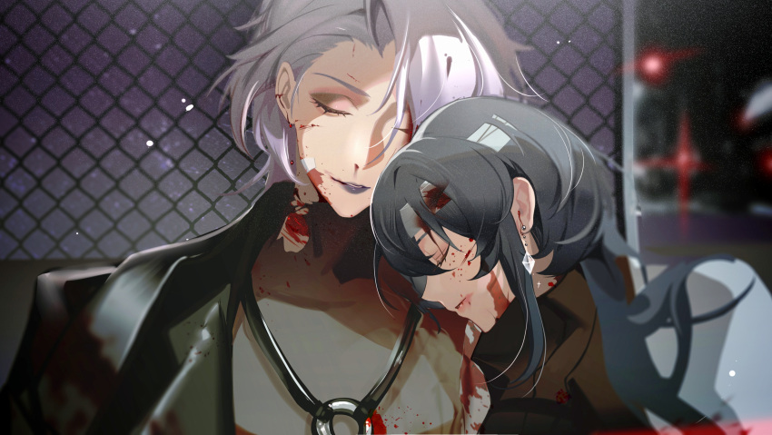 2girls absurdres bandaged_head bandages black_hair black_jacket black_shirt bleeding blood blood_on_bandages blood_on_cheek blood_on_chest blood_on_clothes blood_on_face blurry blurry_background chain-link_fence chief_(path_to_nowhere) chinese_commentary closed_eyes commentary covered_collarbone cuts dangle_earrings earrings fence film_grain forehead grey_jacket head_on_another's_shoulder heads_together highres injury jacket jewelry kong_tiao_bo_zi leaning_on_person light_smile medium_hair multiple_girls night nosebleed open_clothes open_jacket path_to_nowhere profile purple_hair purple_lips scratches shirt straight-on torn_clothes torn_shirt turtleneck_shirt upper_body upswept_hair zouya_(path_to_nowhere)