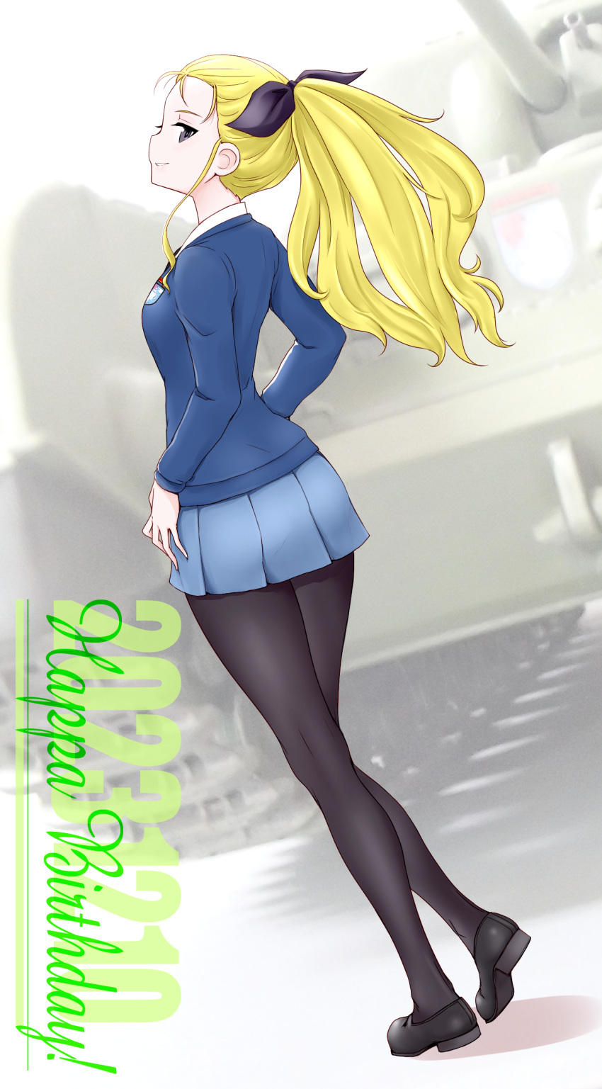 1girl assam_(girls_und_panzer) birthday black_footwear black_pantyhose black_ribbon blonde_hair blue_eyes blue_skirt blue_sweater churchill_(tank) closed_mouth cursive dated dress_shirt dutch_angle emblem english_text from_behind full_body girls_und_panzer hair_pulled_back hair_ribbon happy_birthday heel_up highres loafers long_hair long_sleeves looking_at_viewer looking_back military_vehicle miniskirt motor_vehicle pantyhose pleated_skirt ribbon sasaki_akira_(ugc) school_uniform shirt shoes skirt smile solo st._gloriana's_(emblem) st._gloriana's_school_uniform standing sweater tank white_shirt