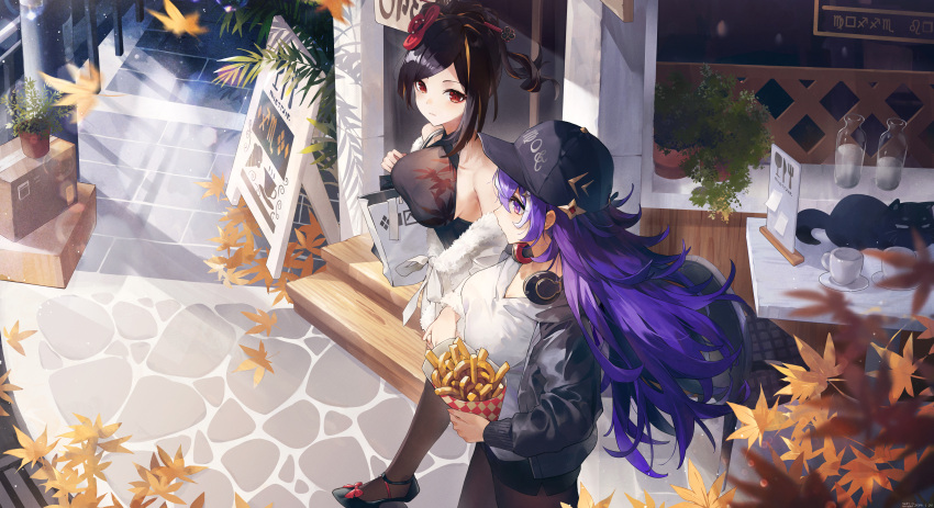 2girls absurdres alternate_costume autumn_leaves bag bare_shoulders baseball_cap black_footwear black_hair black_headwear black_shirt box_stack breasts brown_pantyhose cafe casual cat chevreuse_(genshin_impact) chiori_(genshin_impact) closed_mouth commentary cup food french_fries fur_shawl genshin_impact grey_jacket hair_ornament hair_stick halterneck hat headphones headphones_around_neck highres jacket leaf_print long_hair multicolored_hair multiple_girls open_clothes open_jacket open_sign orange_hair outdoors pantyhose parted_bangs plant potted_plant purple_eyes purple_hair red_eyes saucer shawl shirt shopping_bag sideboob sign sleeveless sleeveless_shirt streaked_hair swkl:d symbol-only_commentary very_long_hair walking white_hair white_shirt