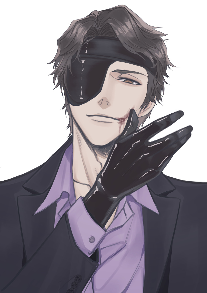 1boy absurdres aizen_sousuke black_gloves black_jacket bleach blood blood_on_face blood_on_mouth brown_eyes brown_hair cha_quq collarbone collared_shirt eyepatch gloves highres jacket long_sleeves looking_at_viewer male_focus parted_bangs purple_shirt shirt smile solo upper_body white_background wiping_blood