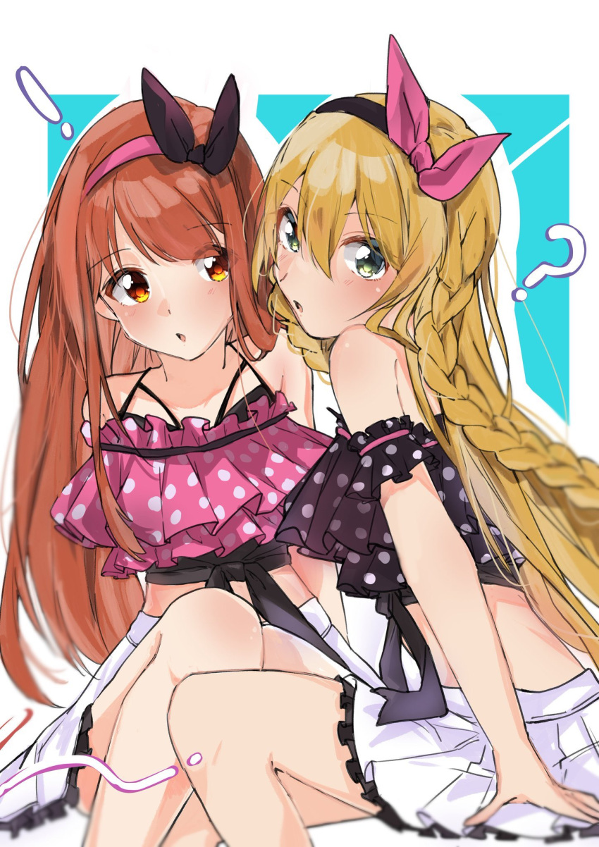 ! 2girls ? arm_support armband bare_shoulders black_armband black_bow black_hairband black_ribbon black_shirt blue_background blurry blush border bow braid breasts brown_eyes brown_hair collarbone crop_top cropped_shirt depth_of_field dot_nose dress_bow frilled_skirt frills green_eyes hair_bow hair_ribbon hairband highres idolmaster idolmaster_million_live! idolmaster_million_live!_theater_days knee_up kotsu_(sunkotujo_) kousaka_umi leaning_forward long_hair looking_at_viewer medium_breasts midriff miniskirt multiple_girls open_mouth outside_border pink_hairband pink_ribbon pink_shirt pleated_skirt polka_dot polka_dot_shirt ribbon shirt simple_background sitting skirt tanaka_kotoha twin_braids white_border white_skirt