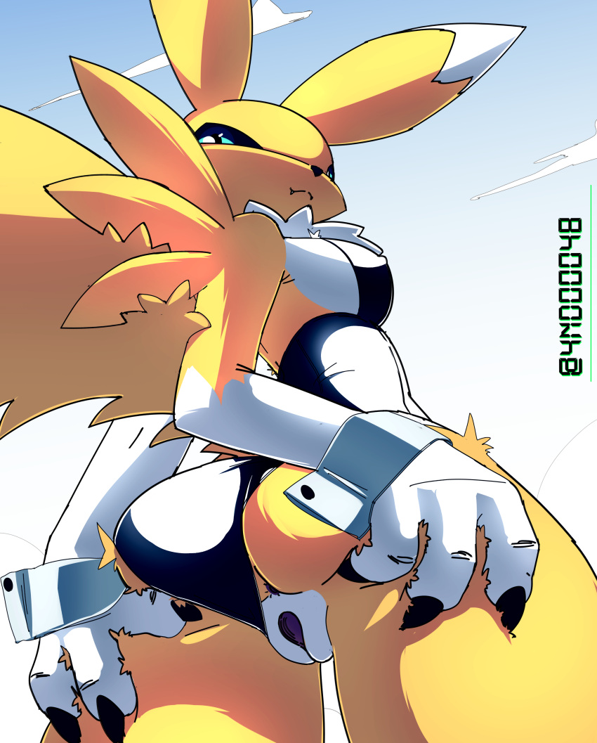 absurd_res ando anthro bandai_namco bunny_costume canid canine clothing costume digimon digimon_(species) female fur hi_res low-angle_view mammal renamon solo solo_focus white_body white_fur worm's-eye_view yellow_body yellow_fur