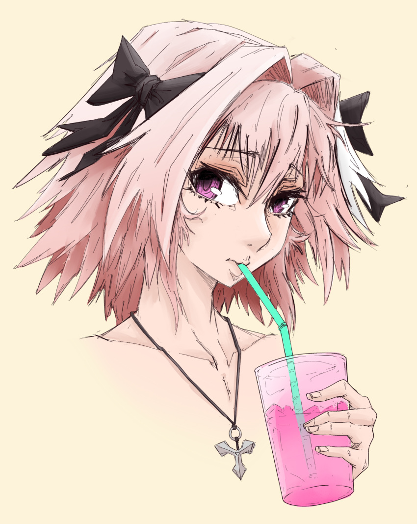 1boy astolfo_(fate) astolfo_(memories_at_trifas)_(fate) black_bow bow collarbone cup drink drinking drinking_straw fate/apocrypha fate/grand_order fate_(series) hair_bow hair_intakes highres holding holding_cup ice ice_cube jewelry male_focus multicolored_hair otoko_no_ko pendant pink_hair pink_liquid portrait purple_eyes samyrkandia sepia_background simple_background solo streaked_hair white_hair