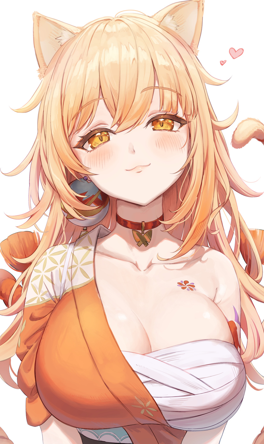 1girl :3 absurdres animal_ears arm_tattoo bandages blonde_hair blush breasts cat_ears cat_tail chest_sarashi chest_tattoo choker cleavage collarbone commentary_request genshin_impact highres japanese_clothes kemonomimi_mode kimono large_breasts long_hair looking_at_viewer naruse_u orange_kimono red_choker sarashi single_bare_shoulder skindentation smile solo tail tattoo upper_body yellow_eyes yoimiya_(genshin_impact)