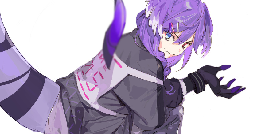 braid closed_mouth hair_ornament head_wings heterochromia highres looking_at_viewer nijisanji nijisanji_en pako_(pakosun) purple_hair selen_tatsuki simple_background sitting smile tail wings