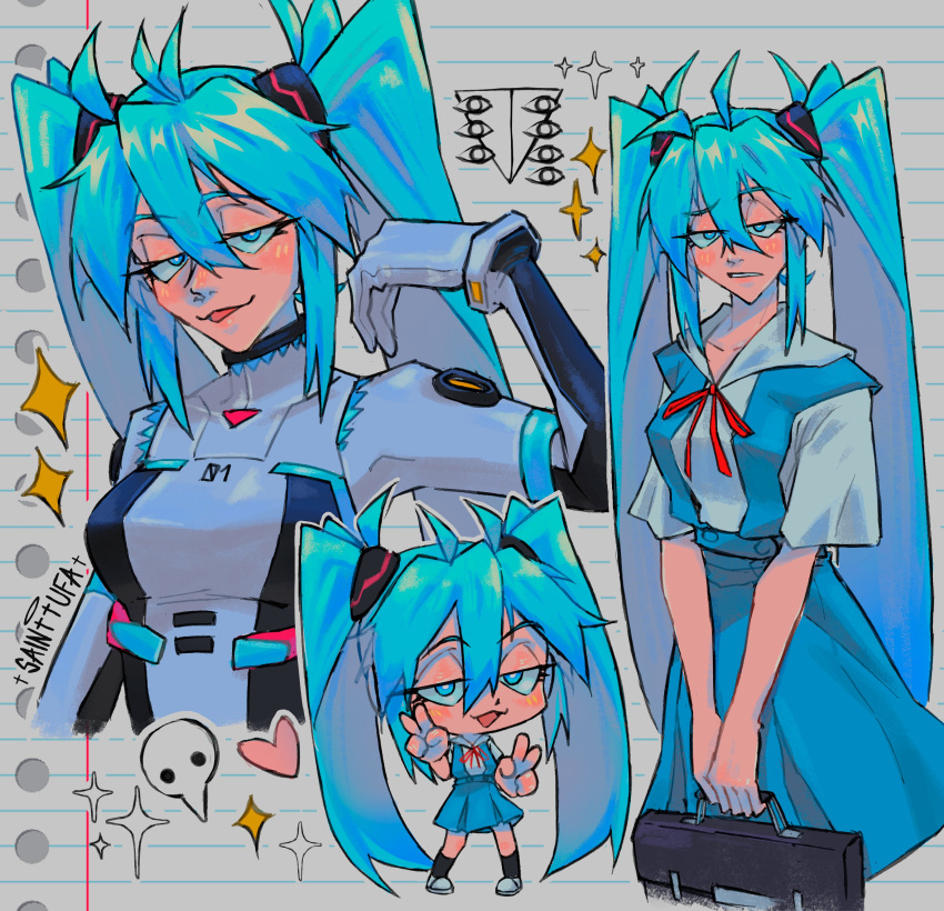 1girl absurdres ahoge artist_name black_socks blue_eyes blue_hair blue_skirt blue_vest bodysuit briefcase collarbone crossover doodle_inset hair_tie half-closed_eyes hatsune_miku heart highres lined_paper long_hair multiple_views neon_genesis_evangelion open_mouth outline paper_background plugsuit ramiel_(evangelion) red_ribbon ribbon sachiel_(evangelion) sainttufa school_briefcase school_uniform shirt shoes skirt socks sparkle tokyo-3_middle_school_uniform tongue tongue_out twintails uniform v very_long_hair vest vocaloid white_footwear white_outline white_shirt