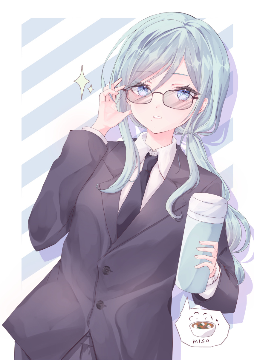 1girl alternate_hairstyle bespectacled black_necktie blazer blue_eyes blue_hair border buttoned_cuffs buttons collared_shirt commentary_request dress_shirt drop_shadow food_name glasses grey-tinted_eyewear hair_between_eyes highres hinomori_shizuku holding_thermos jacket kikuha_kobeni lapels light_blue_background light_blue_hair long_hair long_sleeves looking_at_viewer low_ponytail mole mole_under_mouth necktie notched_lapels outside_border parted_lips partial_commentary project_sekai purple_jacket shirt solo spoken_food striped_background suit suit_jacket thermos tinted_eyewear two-tone_background white_background white_border white_shirt