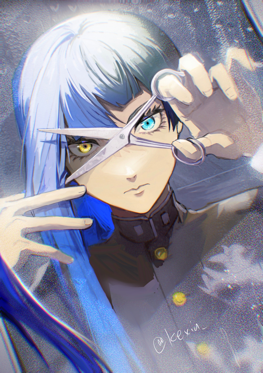 1boy absurdres androgynous blue_eyes blue_hair choppy_bangs closed_mouth commentary_request cutting_hair dual_persona expressionless film_grain hair_between_eyes heterochromia highres holding holding_scissors kexiu long_eyelashes long_hair looking_at_viewer male_focus portrait protagonist_(smtv) school_uniform scissors shin_megami_tensei shin_megami_tensei_v solo thick_eyelashes twitter_username yellow_eyes