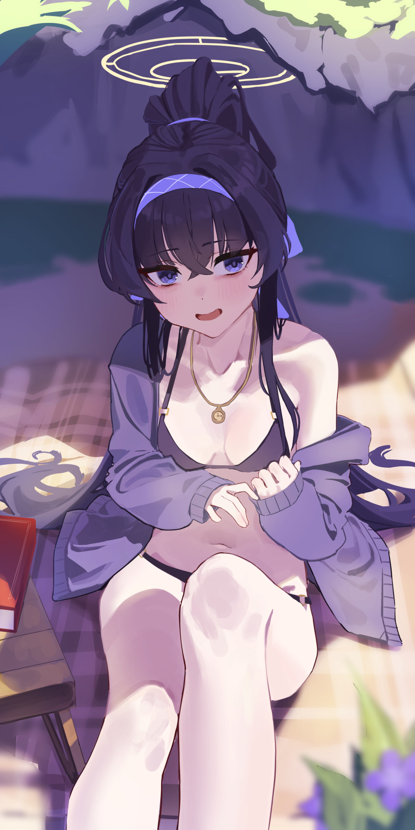 1girl absurdres bags_under_eyes black_hair blue_archive blue_eyes blue_hairband blush breasts feet_out_of_frame grey_jacket gubbi_on hair_between_eyes hairband halo highres jacket jewelry knee_up legs long_hair long_sleeves looking_at_viewer navel official_alternate_costume open_clothes open_jacket open_mouth pendant ponytail revision small_breasts solo ui_(blue_archive) ui_(swimsuit)_(blue_archive) yellow_halo
