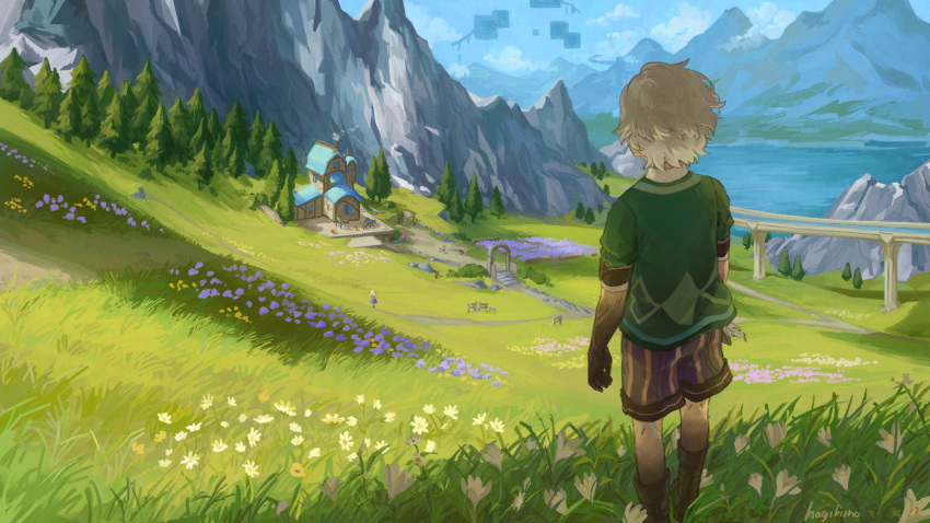 1boy 1girl arch artist_name black_skin blue_sky boots brown_footwear brown_shorts bush caterpillar_(genshin_impact) cloud colored_skin commentary day dog facing_away fence field flower from_behind garden genshin_impact grass green_shirt hagihino highres house in-universe_location lake lanoire_(genshin_impact) male_focus mountain mountainous_horizon multicolored_skin outdoors path pine_tree purple_flower rock scenery shirt short_hair short_sleeves shorts signature sky solo_focus stairs standing striped_clothes striped_shorts symbol-only_commentary table tree vertical-striped_clothes vertical-striped_shorts water white_flower white_hair wooden_fence yellow_flower