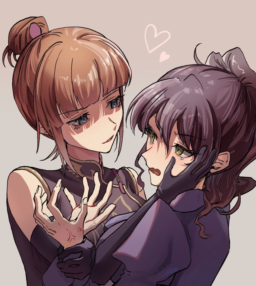 2girls black_dress black_gloves blue_eyes blush brown_background brown_hair china_dress chinese_clothes commentary_request dress elbow_gloves gloves green_eyes hair_bun hand_on_another's_face heart highres long_hair looking_at_another looking_at_viewer multiple_girls parted_lips purple_dress purple_hair shaded_face simple_background smile sota_(uzipskjrvoc2wqn) tearing_up tears umineko_no_naku_koro_ni upper_body ushiromiya_eva ushiromiya_natsuhi yuri