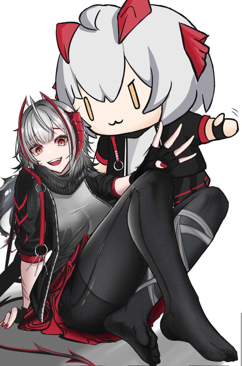 1girl antenna_hair antennae arknights black_pants black_scarf black_shirt demon_girl demon_horns demon_tail feet fingerless_gloves gloves grey_hair grey_scarf grey_shirt highres horns jacket looking_at_viewer myb52 no_shoes open_clothes open_jacket open_mouth pants red_eyes red_nails scarf shirt tail w_(arknights) w_(fugue)_(arknights) white_hair